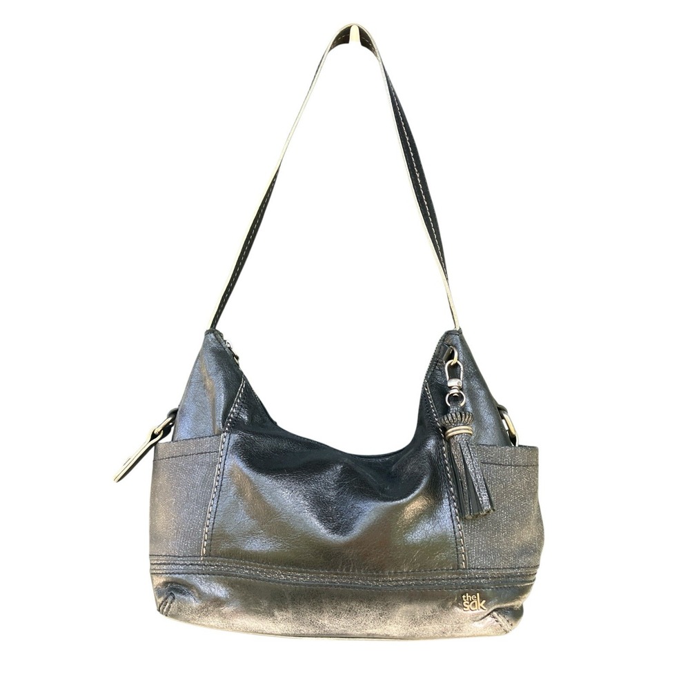 The Sak Black Leather Slouchy Hobo Bag Sparkle Tassel Boho Y2K Grunge Glam